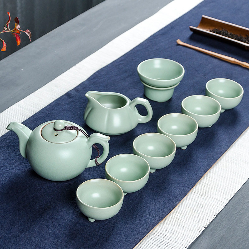 汝窑10头茶具套装功夫盖碗整套泡茶壶骨瓷青瓷礼品创意礼品