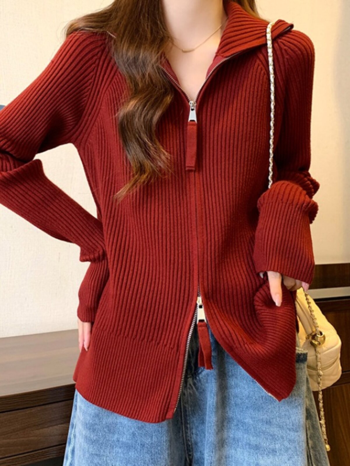 하이 엔드 레드 스웨터 재킷 여성 2024 새로운 가을 겨울 대형 지방 MM 니트 카디건 더블 지퍼 탑