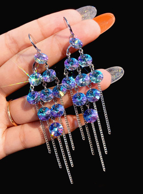 欧美新款长款流苏彩色水晶耳环女网红耳饰修饰脸型显脸瘦链条耳饰