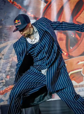 藏蓝银条纹西装外套PoppinC同款定制演出加长表演大西服西裤马甲