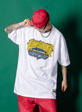 正品潮牌嘻哈男短袖T恤重磅纯棉大码西海岸摇滚圆领说唱饶舌街舞