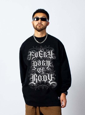 HOZIN联名合作款打底衫T恤潮街舞嘻哈字母印花宽松长袖纯棉小领口