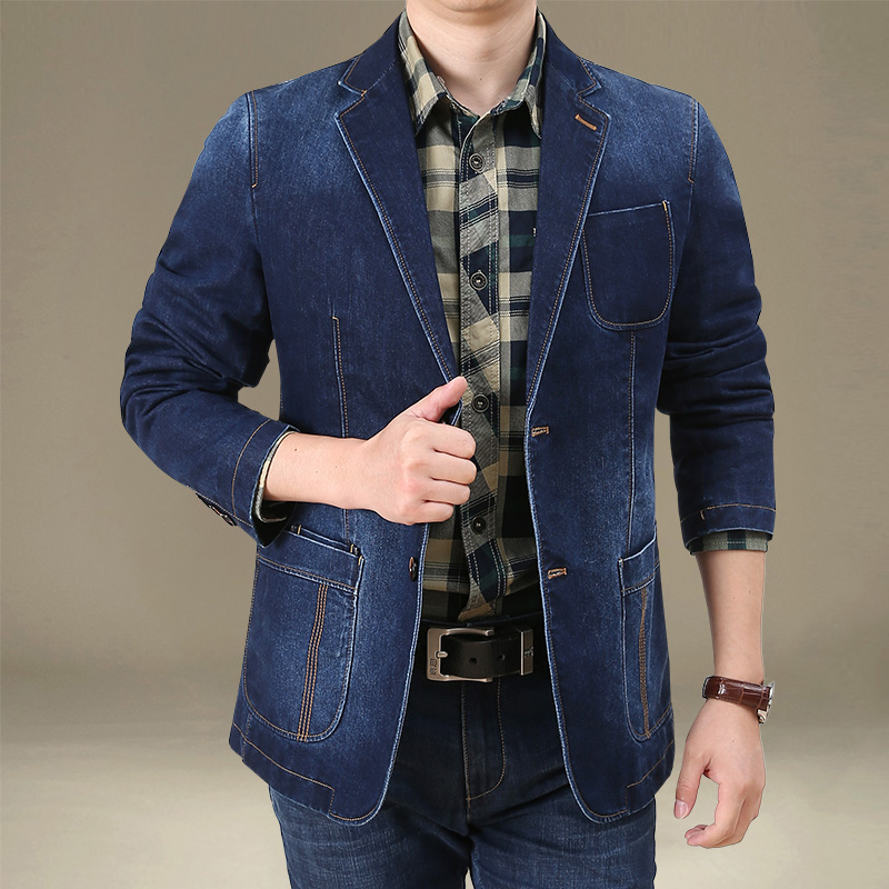 新款男士牛仔西服休闲韩版修身秋装上衣时尚商务西装外套男春秋潮