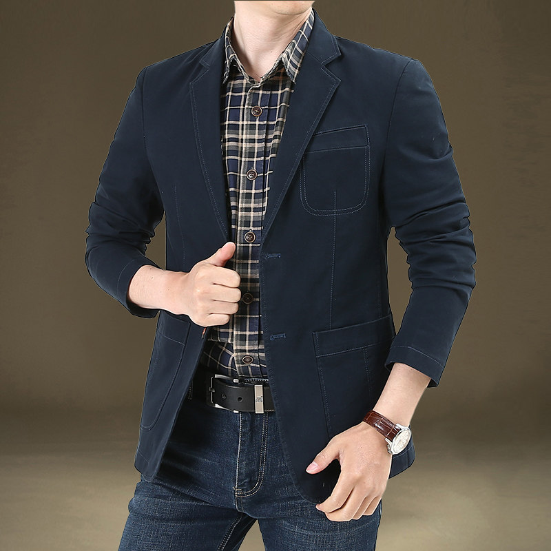 春秋夹克男士西装领工装上衣中青年商务休闲韩版弹力西装外套男潮