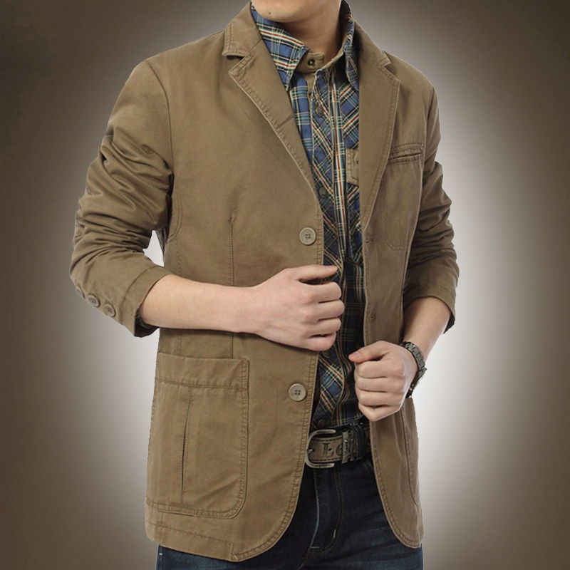 春秋新款男装夹克上衣外套男休闲宽松大码西装领青年茄克水洗纯色