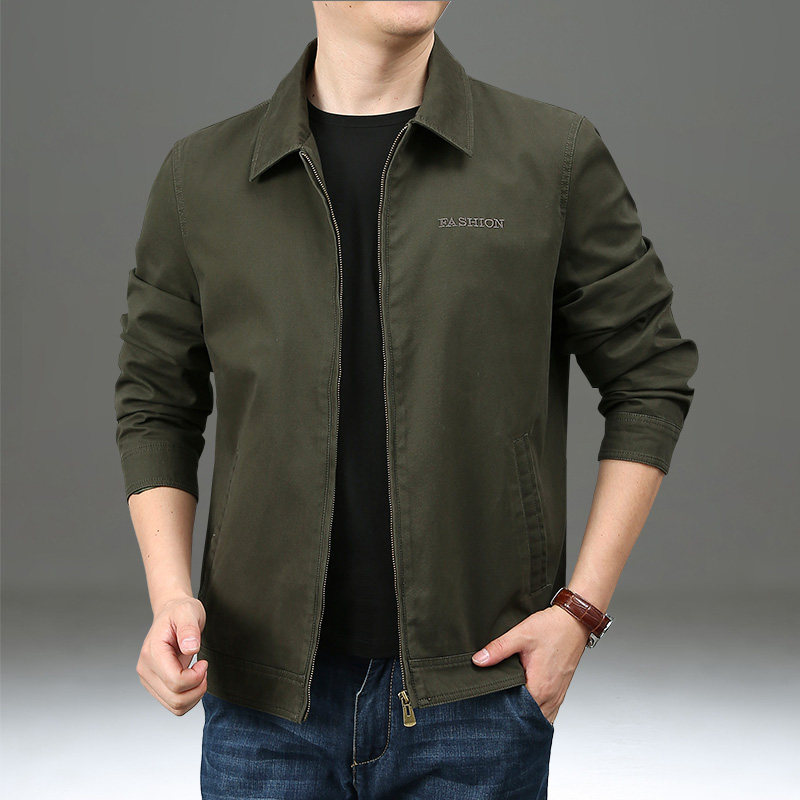 纯棉外套男春秋装上衣宽松中年爸爸装男士工装休闲商务翻领夹克男