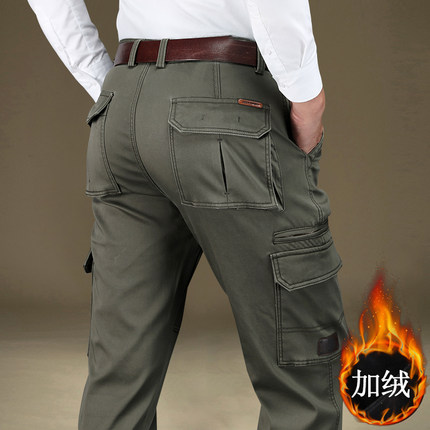 2025新款秋冬季加绒加厚多口袋工装裤男休闲裤宽松大码户外男裤子