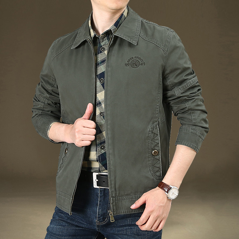 春秋季新款夹克男商务休闲大码宽松上衣水洗纯棉翻领中年工装外套
