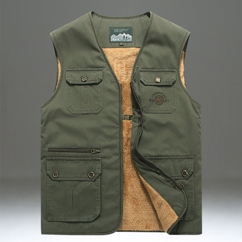 秋冬马甲男加绒加厚保暖背心爸爸装中老年多口袋坎肩纯棉马夹V领