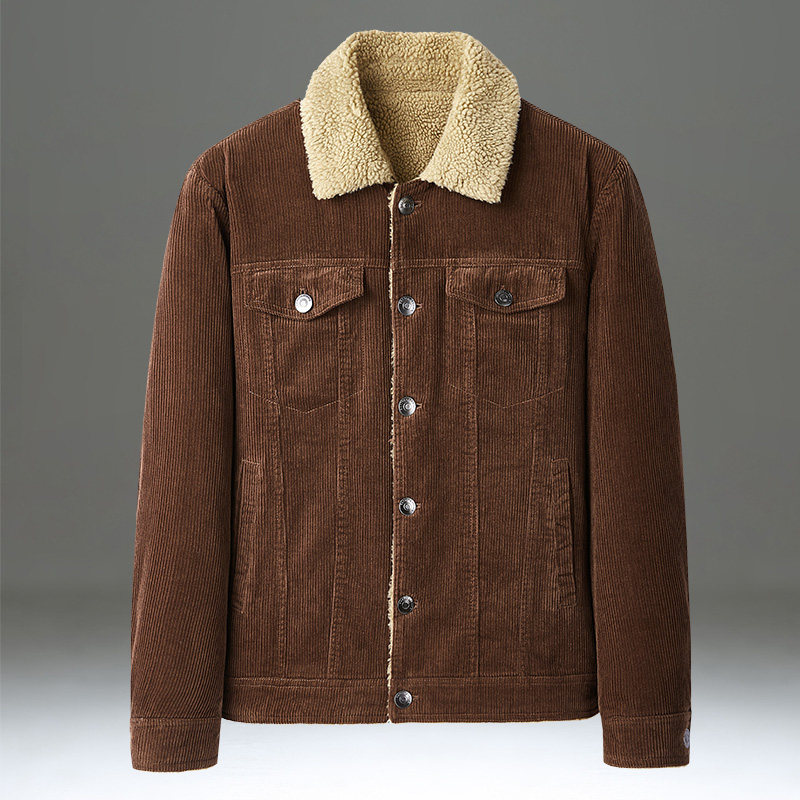 灯芯绒棉服男款冬季加绒加厚羊羔绒外套复古条绒纯棉休闲工装棉衣