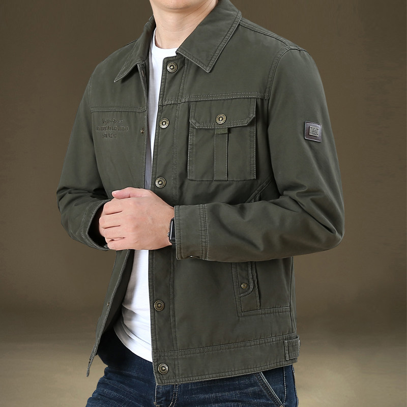 春秋季男士夹克多口袋工装中年宽松翻领休闲纯棉外套秋冬厚款上衣