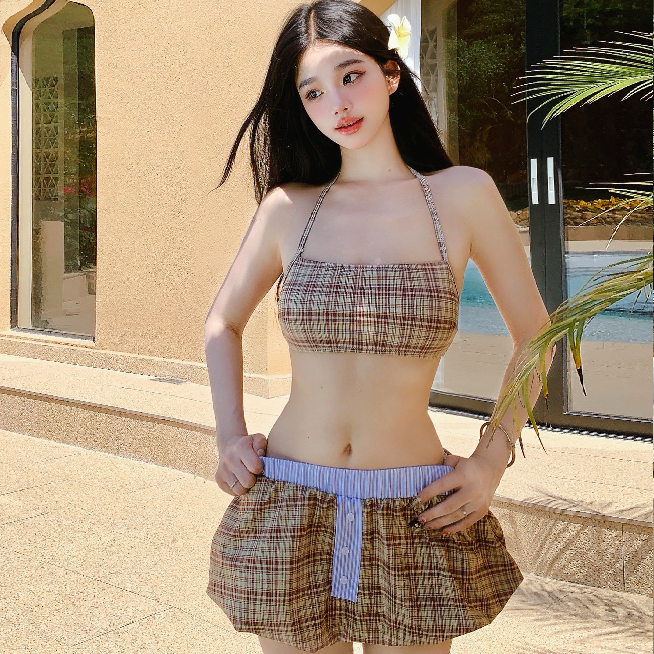 遮肚显瘦比基尼三件套ins风泳衣
