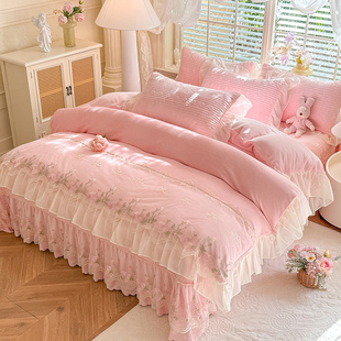 加厚11斤秋冬新款韩版公主蕾丝风全消光牛奶绒床盖三四件套保暖