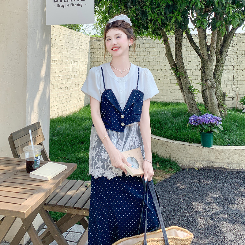 蕾丝拼接假两件上衣波点半身裙套装女夏季甜美独特漂亮爆款两件套，女装套装/套裙，浙宝105（原181）