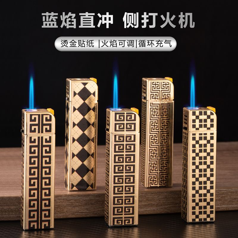 金属蓝色玫瑰金斜打防风打火机高档新款充气火机广告时尚复古广告