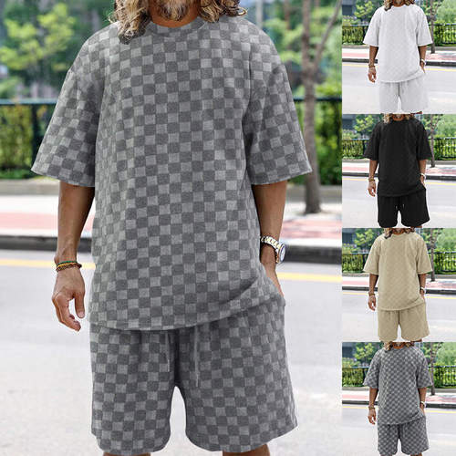 欧美跨境oversize潮牌男装提花棋盘格春夏宽松运动休闲两件套装男