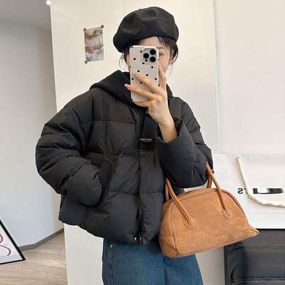 新款 针织帽牛角扣羽绒服女短款冬季时尚设计感小个子显瘦外套