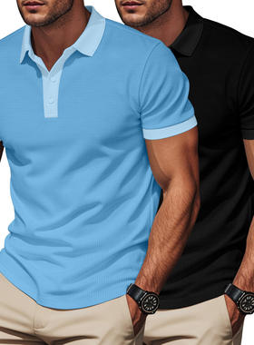跨境美式亚马逊男士夏季透气马球翻领短袖两件装Polo衫化纤类混纺