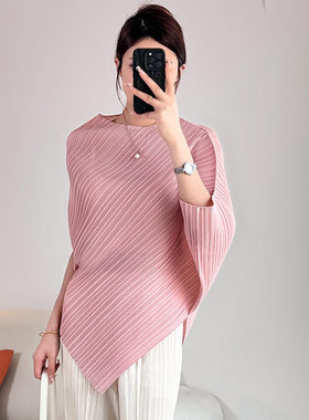 Issey Miyake/三宅一生 褶皱圆领绑带收腰短袖纯色修身宽松上衣女
