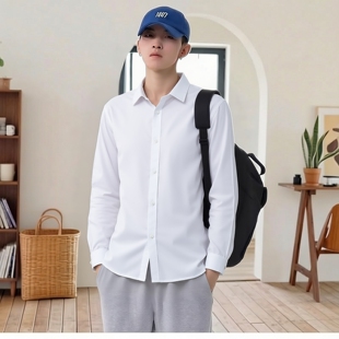 商务风男士长袖翻领衬衫修身免烫抗皱白色日常休闲商务男装女装