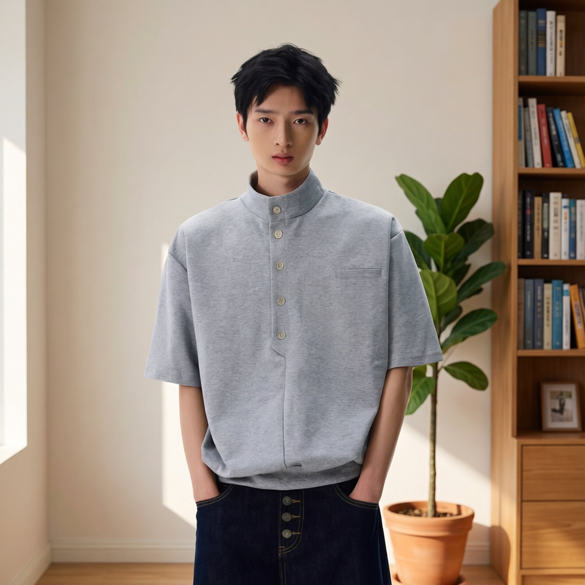 美式潮牌立领短袖T恤男士夏季polo衫宽松休闲运动boxy版型上衣