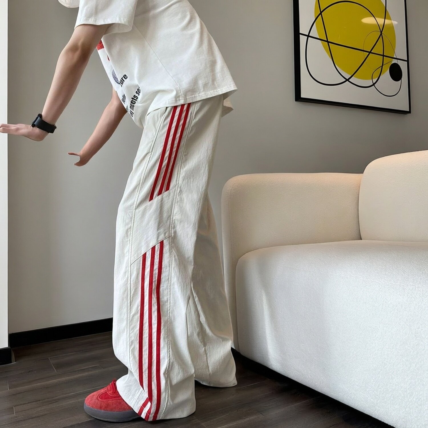 美式三条杠速干冰丝裤男款夏季薄款运动长裤宽松直筒阔腿休闲裤子