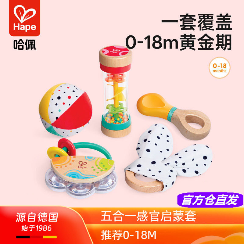 Hape五合一感官启蒙套装迷你摇铃新生婴幼儿宝宝安抚小球沙漏玩具