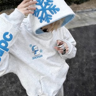 国潮雪花刺绣连帽卫衣男秋冬加绒加厚宽松情侣装 女 毛巾绣外套帽衫