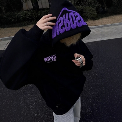 美式高街毛巾刺绣加绒连帽卫衣男秋冬情侣装宽松纯棉ins外套女潮