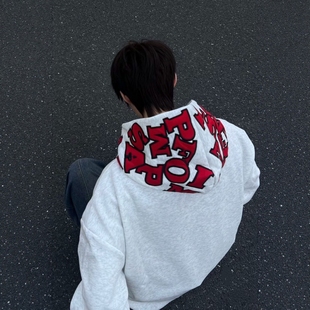 美式复古高街纯棉绣花连帽卫衣男大帽子加绒潮牌宽松情侣装帽衫女