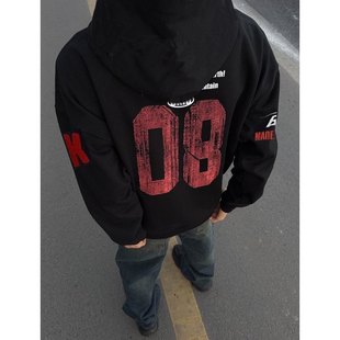 美式复古刺绣连帽卫衣男春秋新款宽松情侣高级感纯棉加绒外套帽衫