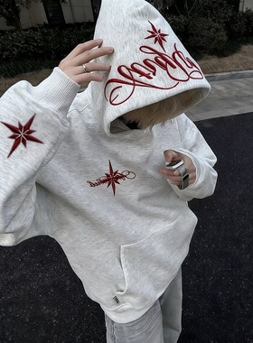 国潮美式高街北极星刺绣连帽卫衣男情侣款宽松潮牌加绒帽衫外套女