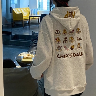 刺绣连帽卫衣女秋冬加绒加厚小红书爆款小松鼠纯棉oversized外套