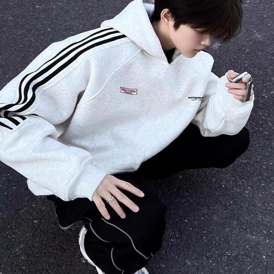 美式复古高街三条杠连帽卫衣男纯棉加绒潮牌宽松情侣装帽衫女