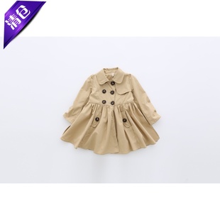 里外纯棉儿童风衣春秋新款童装女童翻领中长款外套侧开叉网纱下摆