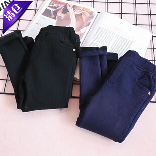 女童冬装暗条纹加绒弹力牛仔裤保暖铅笔裤女孩加厚修身长裤子