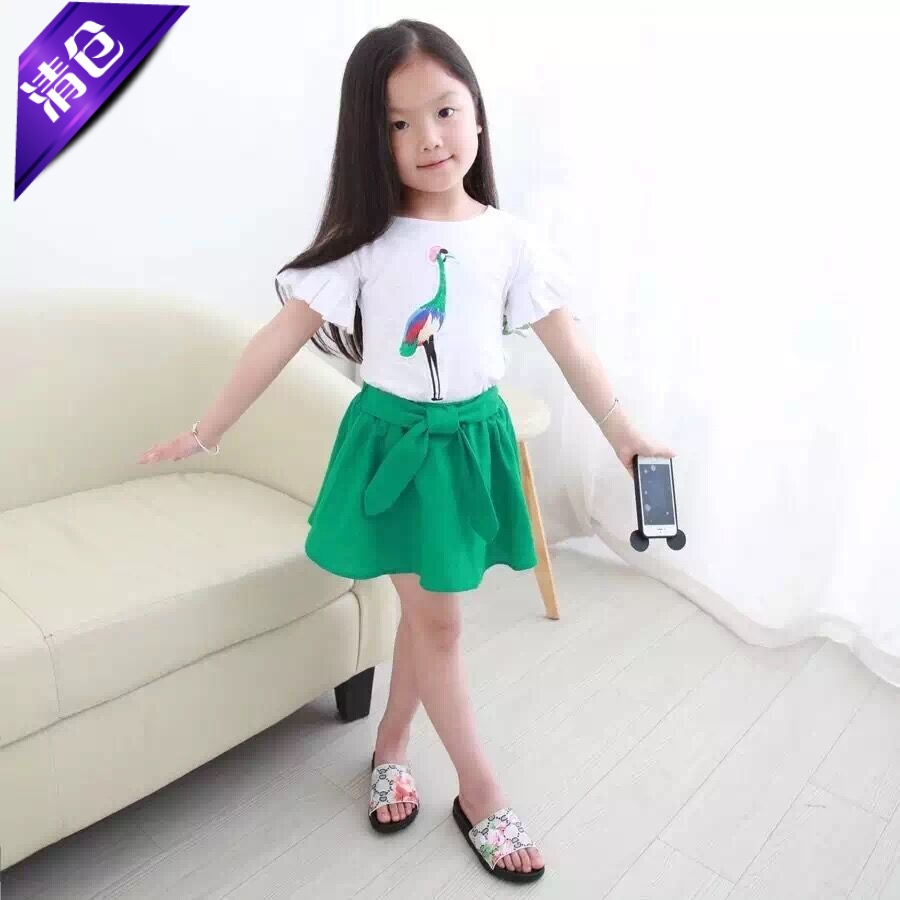 亮片孔雀喇叭袖纯棉套装