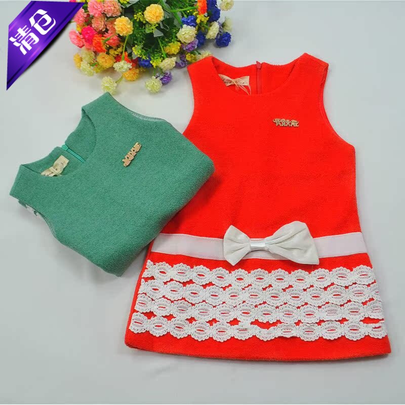女童春秋装呢料背心裙女孩无袖连衣裙子蝴蝶结蕾丝花边韩版公主裙