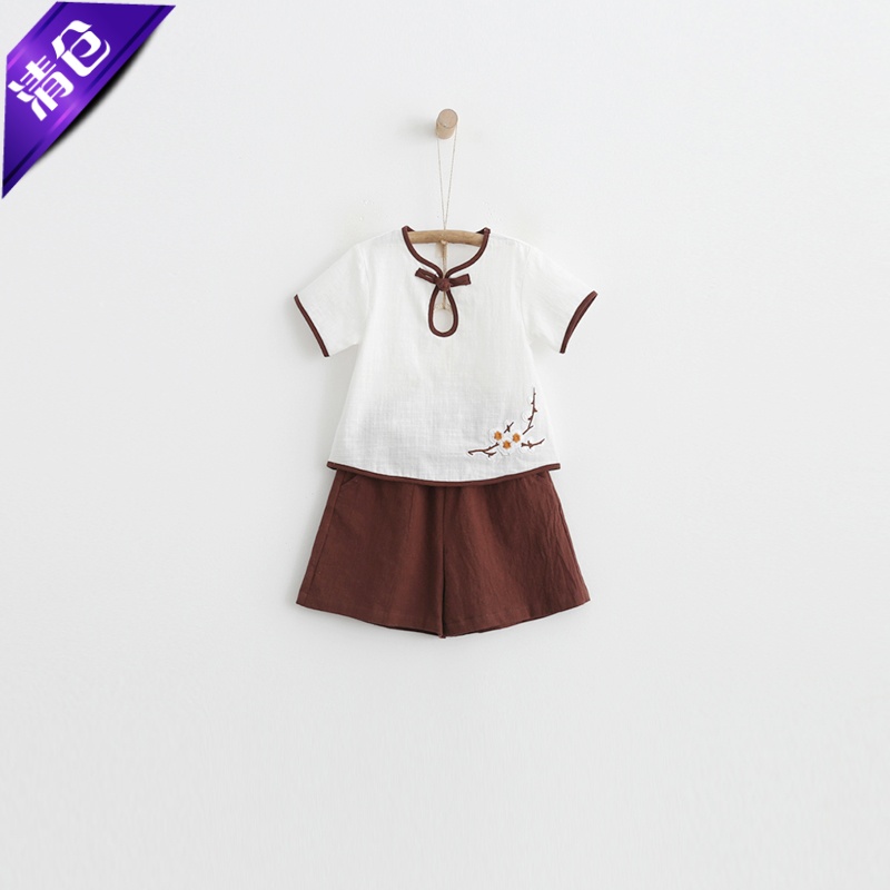 童装棉麻民族风刺绣短袖短裤