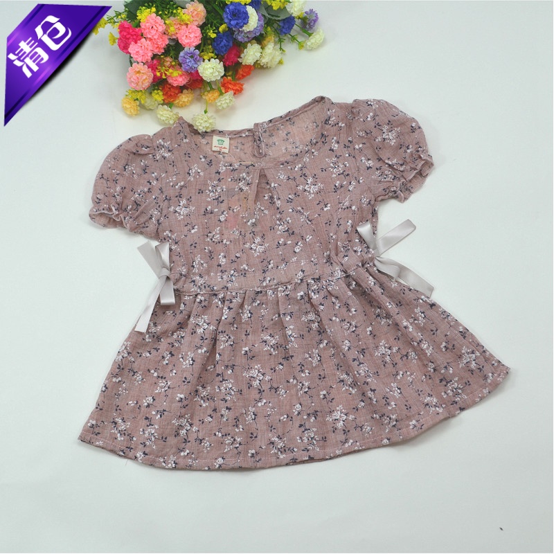 女童夏装纯棉碎花泡泡袖短袖娃娃裙衫儿童收腰蝴蝶结系带薄棉上衣