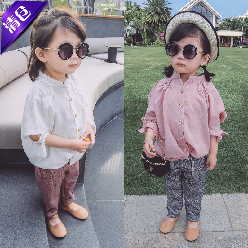 韩版纯色立领棉麻长袖透气童装