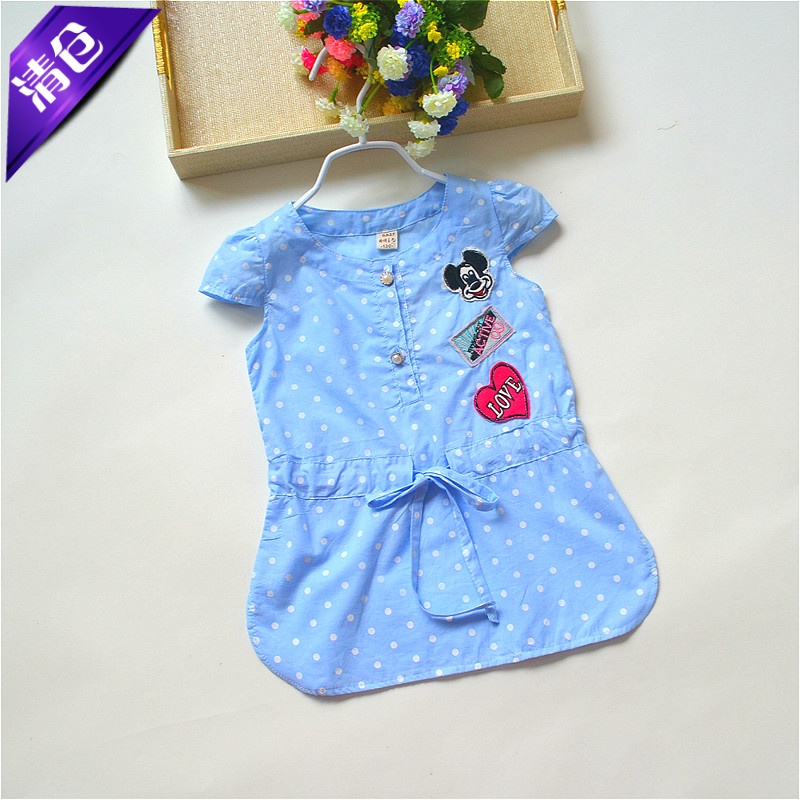 女童装装纯棉爱心米奇贴花系带连衣裙儿童休闲短袖薄波点裙衫