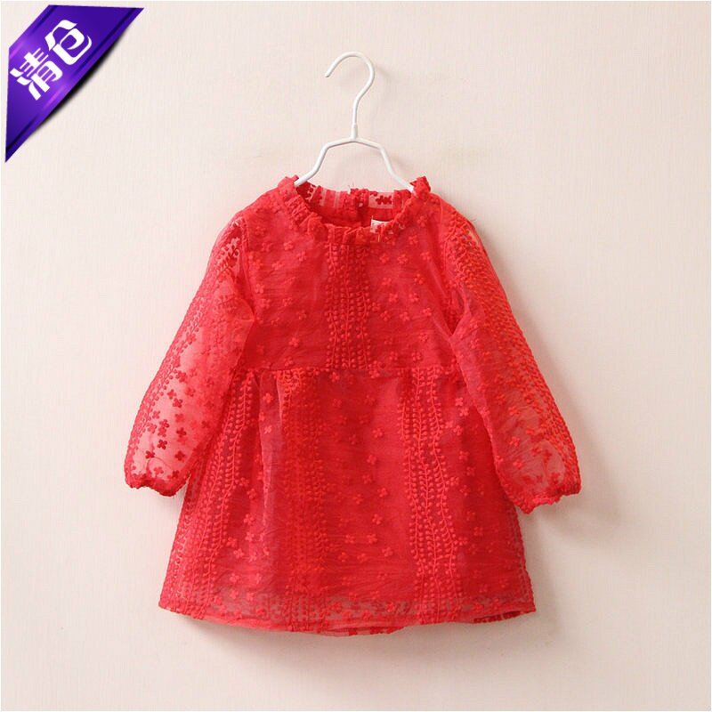 女童春秋装小花刺绣蕾丝长袖连衣裙衫 韩版童装欧根纱公主裙衣