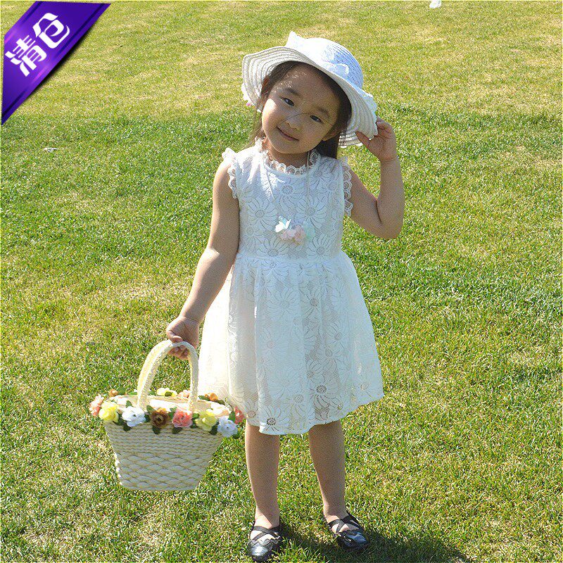 女童夏装 儿童太阳花蕾丝花边纯白色连衣裙 女孩韩版背心裙赠项链