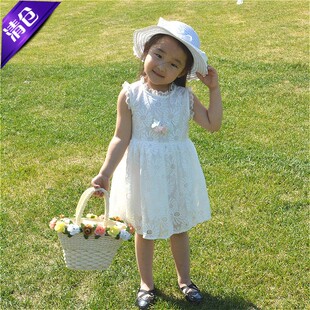 女童夏装 儿童太阳花蕾丝花边纯白色连衣裙 女孩韩版背心裙赠项链