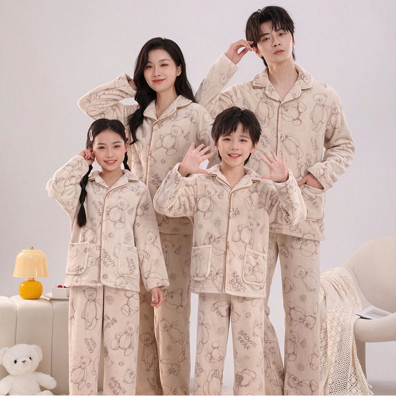 儿童睡衣女孩玉兔绒加绒加厚男童法兰绒中大童秋冬亲子家居服套装