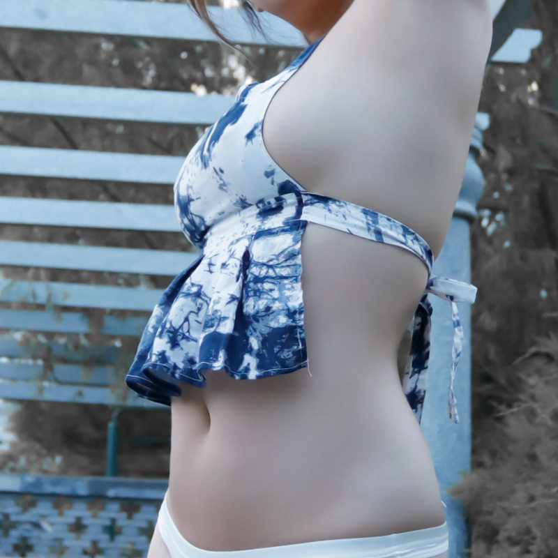 迷你肚兜厨娘制服女性感诱惑挂脖绑带水墨印花上衣真空外穿紧身衣
