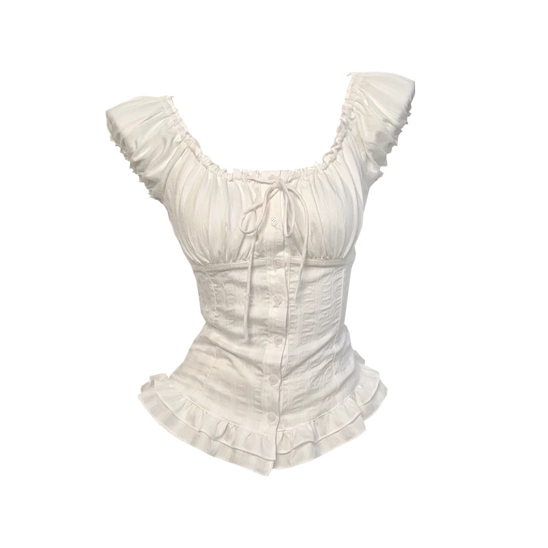 风白色方领泡泡袖衬衫女夏季绑带褶皱高级感洋气减龄百搭上衣