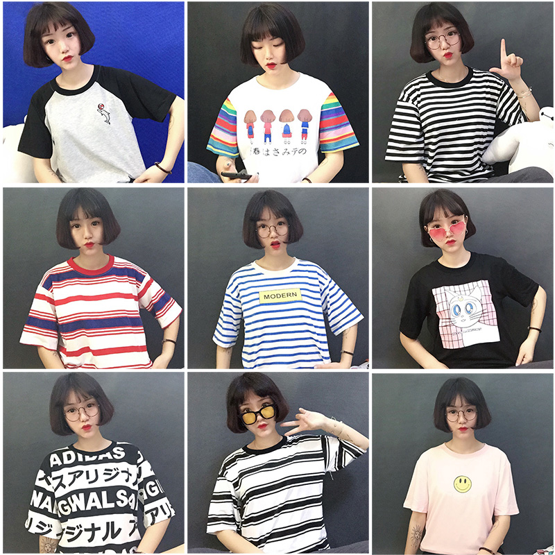 ÈÕϵÔËÞ·ç¸öÐÔÌõÎÆÓ¡»¨º«·¶chic¸Ûζ¿íËÉѧÉúÉÏÒÂÌõÎÆ¶ÌÐätÐôÅ®
