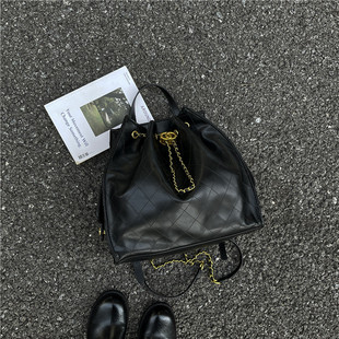 中古托特包包女式2025新款小香风菱格水桶包大容量通勤hobo双肩包